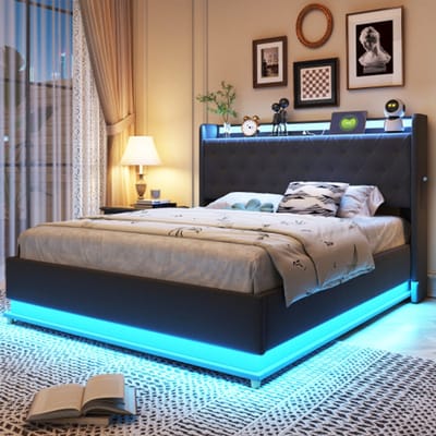 Zubaliya LED Polsterbed - 140x200 cm Grijs - Leinenstoff - USB - Hydraulische Lagerung