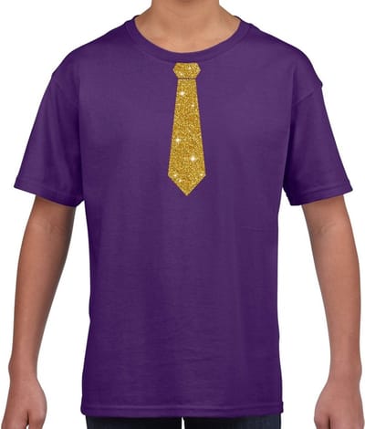 Verkleedkleding t-shirt - paars - met kleine Stropdas - goud glitters - voor kinderen - carnaval 110/116