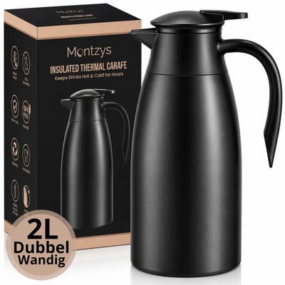 Montzys® Dubbelwandige Thermoskan - 2 Liter - RVS Isoleerkan - Dubbelwandig voor Warme & Koude Dranken o.a. Thee & Koffie