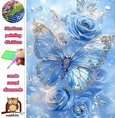 50x40cm Diamond Painting vlinder met bloemen (rond) nr 114