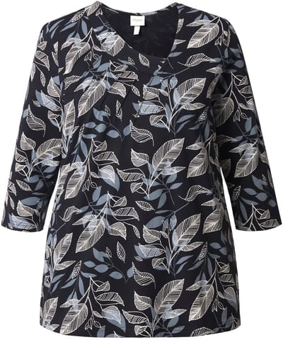 Ulla Popken - Dames - Shirt bladeren V-hals 3/4-mouwen biologische katoen - Zwart - Maat 42+