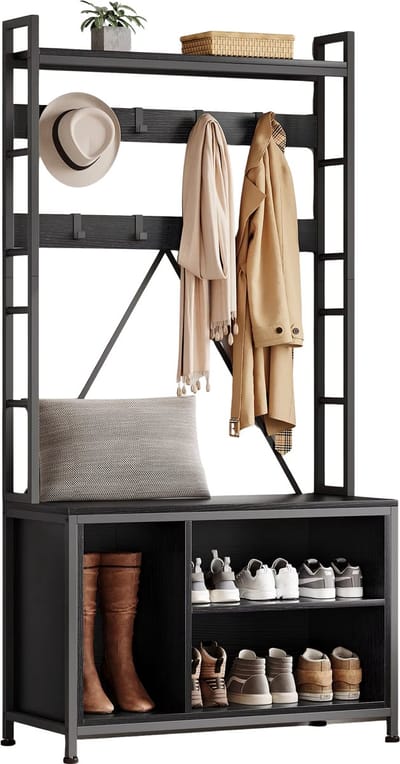 Hall Tree Entreebank - Voor Hal en Slaapkamer - Industrieel / Met Kapstok en 8 Haken - Met Wandplank en Schoenenopslag - Zwart