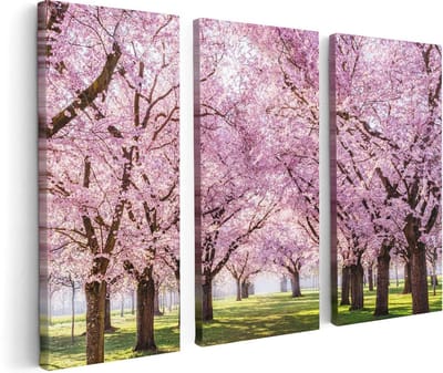 Artaza Canvas Schilderij Drieluik Roze Bloesembomen Park - Bloemen - 120x80 - Foto Op Canvas - Canvas Print