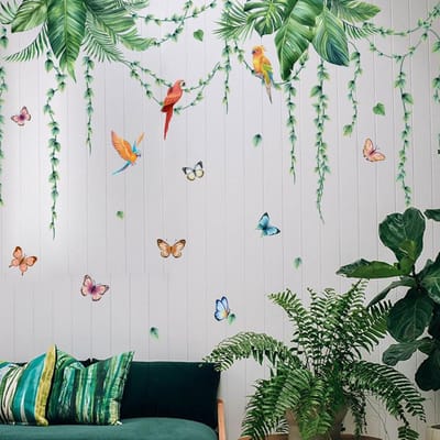 Verwijderbare Muurstickers met Tropische Bladeren, Set van 2, Zelfklevende Groene Wanddecoratie voor Slaapkamer, Woonkamer en Kinderkamer