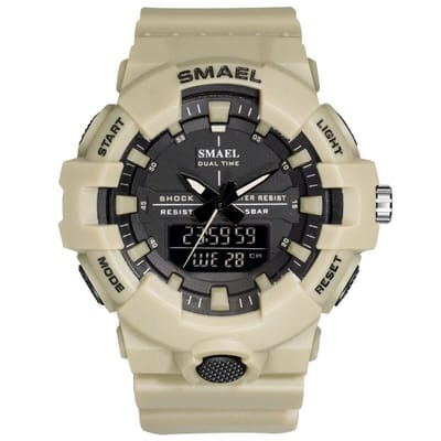 Shock Bestendig Heren Horloge Khaki met rubber band | Smael | 1642b | Kaki | Waterdicht | Glow in dark | Mud Master | Leger | Licht | Rubberen band | Timer | Army | Eyecatcher | Master| Vaderdag Cadeau | Vaderdag | kado|
