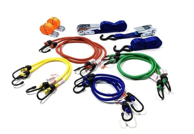 JUMBO spanband/ snelbinder voordeelset 2x45cm, 2x60cm, 2x80cm, 2x100cm snelbinders 2x 200cm spanband met klemgesp, 1 x 500cm spanband met ratel, 1 x 500cm spanband met ratel en s haken