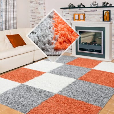 Muratap Basic shaggy geblokt vloerkleed oranje / grijs hoogpolig- 80x150