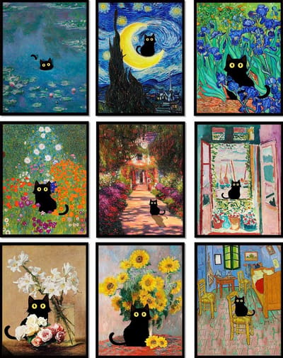 9 Delige Set Zwarte Kat Muurdecoratie Posters - Vintage Zonnebloem Canvas Kunst voor Woonkamer en Badkamer