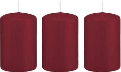 Trend Candles Cilinderkaars/stompkaars - 3x - bordeauxrood - 5 x 8 cm - 18 branduren - met brandvertragende folie