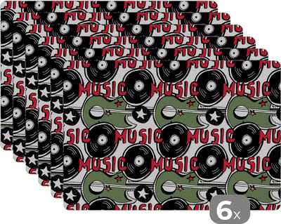 Placemat - Placemats kunststof - Patronen - Muziek - Vinyl - 45x30 cm - 6 stuks - Hittebestendig - Anti-Slip - Onderlegger - Afneembaar