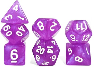 Nereb – Dobbelstenen Set 7-delig – D20 D12 D10 D8 D6 D4 – Paars – Inclusief Bewaarzakje – Voor RPG & Tafelspellen