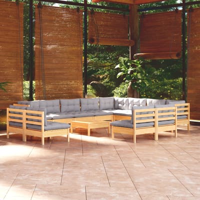 vidaXL - 13-delige - Loungeset - met - grijze - kussens - massief - grenenhout