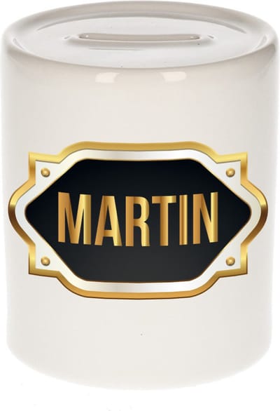 Spaarpot met voornaam Martin - wit - met goud/zwart embleem - 8 x 9 cm - keramiek - met afsluitdop - cadeau verjaardag