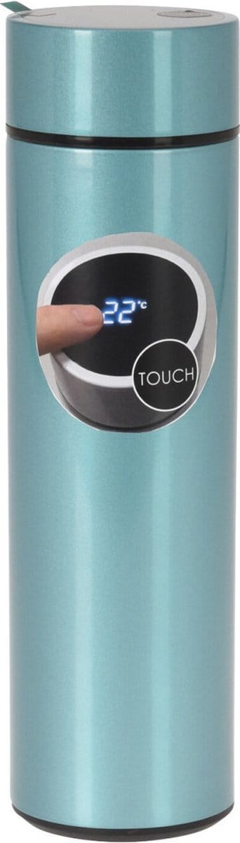 RVS warmhoud thermofles / isoleerfles voor onderweg metallic blauw 450 ml met ingebouwde themometer in de dop