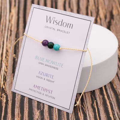Bixorp "Wisdom" Cadeau Armband - Wijsheid - Edelsteen Armbandje op kaartje - Howliet, Azuriet & Amethist