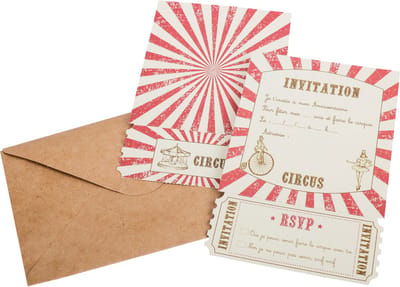 ARTYFETES - 8 vintage circusslinger uitnodigingen 10 x 15 cm met kraft enveloppen