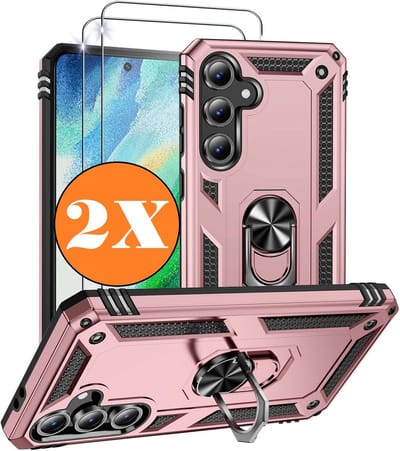Hoesje Geschikt voor Samsung Galaxy A36 5G Hoesje Rose Goud Anti-Shock Hybrid Armor hoesje Met Draaibare Ring Houder - Samsung A36 Screenprotector 2 pack
