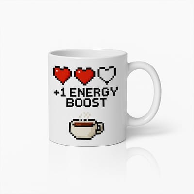 Retro Gamer Mok 330 ml – Pixel Hart +1 Energie Boost Koffiebeker – Grappig Gaming Cadeau voor Koffieliefhebbers