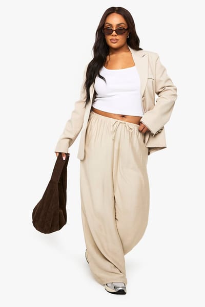 boohoo Dames Plus geweven broek met trekkoord en wijde pijpen | Stone | Maat: 16