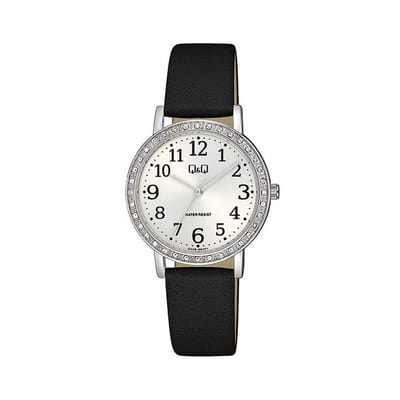 Q&Q Q32B-004PY - Horloge - Analoog - Vrouwen - Dames - Leren band - Rond - Metaal - Zwart - Zilverkleurig - Sprankelend - Wit - 3 ATM