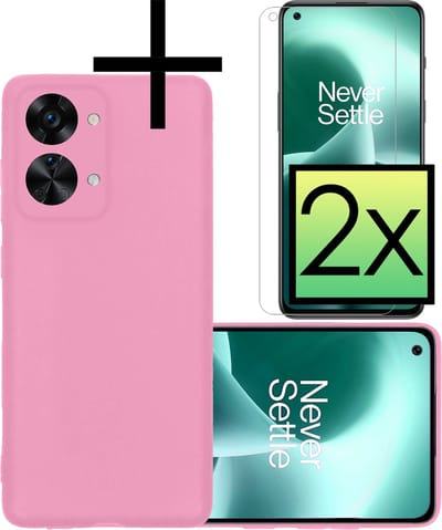 Hoesje - Met 2x Screenprotector - Geschikt voor OnePlus Nord 2T - Sterk & Shockproof - Back Cover - Siliconen Case - Telefoon Hoes - Lichtroze