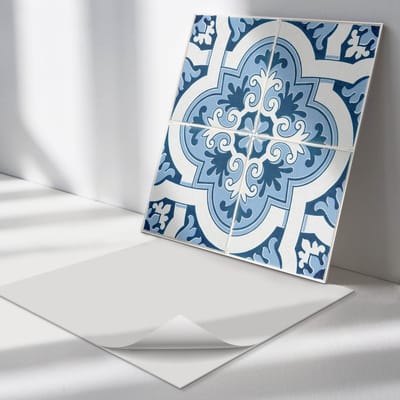 Wallfluent Vinyl Tegels - tegelpatroon met Ornamenten Zelfklevende Vinyltegels - 30 cm x 30 cm - Blauw Vinyl Tegels - Set van 9 - Vierkant PVC Tegels - Texturen Plaktegels - Vloer Tegels PVC - Plaktegels Keuken en Badkamer