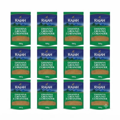 Rajah Gemalen Koriander (Dhaniya) – 12 x 100g – Hoogwaardig Korianderpoeder voor Curry’s, Marinades en Wereldgerechten – 1200g Totaal – Authentieke Indiase Specerijen Voordeelverpakking Met Kajal Sticker