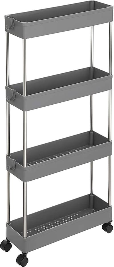 ACAZA Trolley - Keukentrolley op Wieltjes - 13,5 cm breed - Grijs - Smalle 4-laagse Uitschuifbare Keukentrolley - voor Keuken en Badkamer - Badkamerkast - Kolomkast Badkamer - Keuken Trolley - 40 x 13,5 x 86 cm (L x B x H) - Grijs