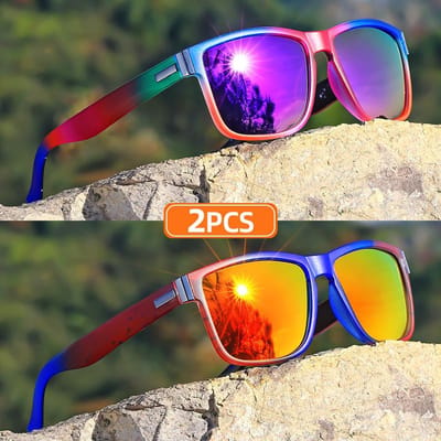 2 stuks Klassieke Vierkante Frame Stijl Zonnebrillen Kleurverloop Volledig Rand Polycarbonaat Frame TAC Lens Polarisator Sportieve Stijl purple