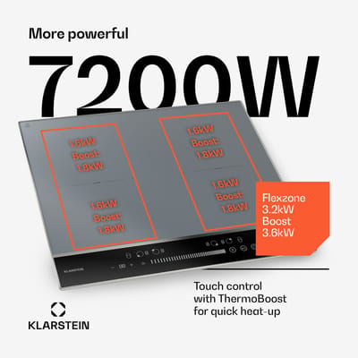 Klarstein DualTone Flex Inductiekookplaat - 4-zones inductiekookplaat, 7200 W, Flex-zones & Thermoboost, Schuifregelaar, Timer, Aluminium frame, Witte LED, Zilver
