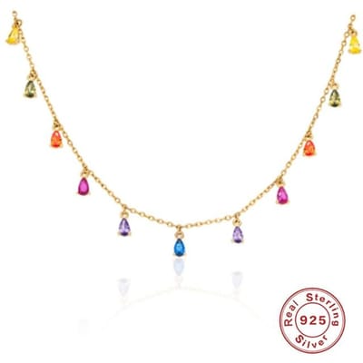Collier en argent sterling 925 pour femme, pendentif arc-en-ciel en diamant coloré, collier ras du cou pour femme, bijoux fins, collier en argent 40cm beige