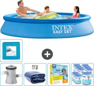 Intex Rond Opblaasbaar Easy Set Zwembad - 305 x 61 cm - Blauw - Inclusief Pomp Solarzeil - Onderhoudspakket - Filters - Vloertegels