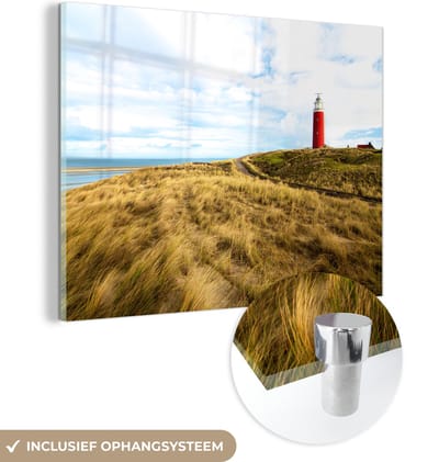 MuchoWow® Glasschilderij 160x120 cm - Schilderij acrylglas - Strand - Vuurtoren - Duin - Foto op glas - Muurdecoratie woonkamer - Wanddecoratie slaapkamer - Schilderijen