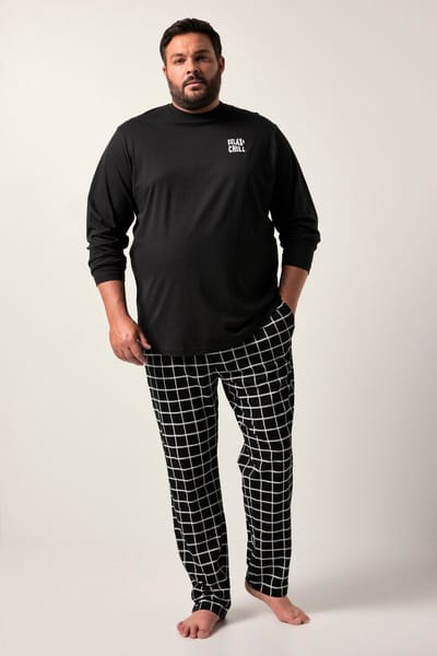 Men Plus - Heren - Pyjama tweedelig jersey lange mouw geruite broek - Zwart - Maat XL