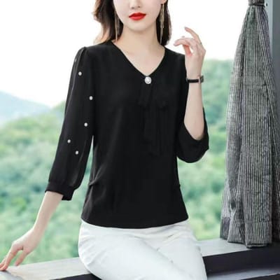 Mom Blouses Effen Chiffon Blouse Casual Dunne en Mooie Lange Mouw Vrouwen Shirts Kleding 2XL zwart