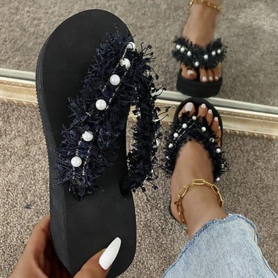 Dames Zomer Slippers Parel Messy Stijl Persoonlijkheid Mode Slippers Wedge Flip Flops Dames Sandalen 41 42 Maat Pu Buitenschoenen 39 zwart