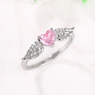Huitan Chic Engelenvleugel Ring Vrouw Verlovingssieraden Romantisch Hart Roze Zirkonia Vingeraccessoires Delicate Liefde Accessoires 6 white