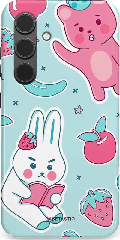 Casetastic hoesje geschikt voor Samsung Galaxy S24 - Dubbellaagse bescherming - Fruitige vriendjes - Fashion Case - Mintgroen Lichtgrijs Lichtroze Wit