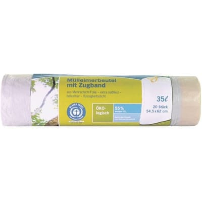 Secolan® ecologische vuilniszakken, met trekband, 35 liter, wit, 20 stuks