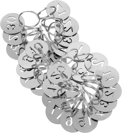 Ronte - Nummerplaatjes van roestvrij staal, identificatie-hanglabel, nummer ID, hanger, cijfertags 1-30, sleutelring, sleutelhanger met etiketten, accessoires voor identificatie, metaal.