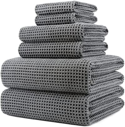 PromoHome Microvezel Badhanddoeken Set 6-delig - Oversized Luxe Wafelweefsel - Sneldrogende Pluisvrije Badhanddoek, Handdoek en Gezichtsdoeken - Grijs