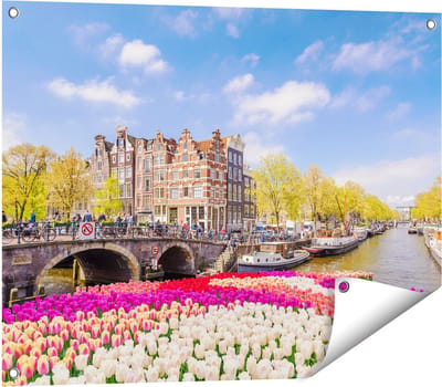 Gards Tuinposter Amsterdamse Huisjes aan de Grachten - 80x60 cm - Tuindoek - Tuindecoratie - Wanddecoratie buiten - Tuinschilderij