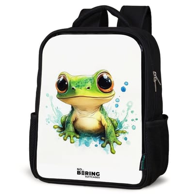 NoBoringSuitcases.com® - Rugzak zwart - Schooltas jongen & meisje - Groene kikker met grote ogen op witte achtergrond - Rugtas voor school - Boekentas kind - Schoolrugzak - Kinderrugzak