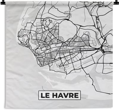 Wandkleed - Wanddoek - Kaart - Stadskaart - Le Havre - Frankrijk - Plattegrond - Zwart wit - 180x180 cm - Wandtapijt