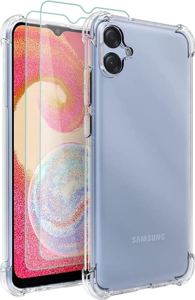 Hoesje Geschikt Voor Samsung Galaxy A04E Hoesje transparant Anti Shock silicone Hoesje Geschikt Voor Samsung Galaxy A04e Screenprotector Glazen 2 pack