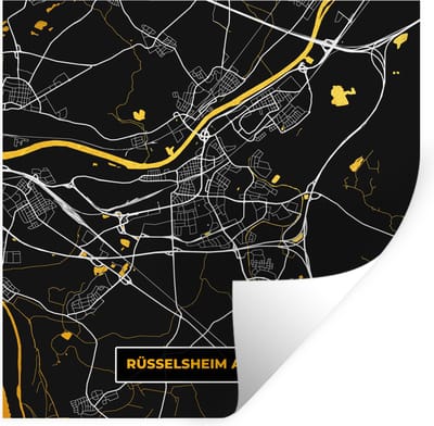Muurstickers - Sticker Folie - Goud – Duitsland – Plattegrond – Gold – Stadskaart – Kaart – Rüsselsheim am Main - 100x100 cm - Plakfolie - Muurstickers Kinderkamer - Zelfklevend Behang XXL - Zelfklevend behangpapier - Stickerfolie