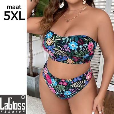 LaGloss® Bikini Set Bloemen Plus Size 5XL - Tropische Print Bandeau & High Cut Panty - 2-delig