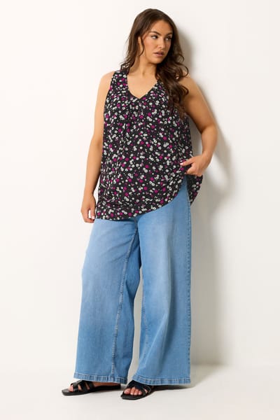 Yours Zwarte Mouwloze Top Met Madeliefjesprint Size 42