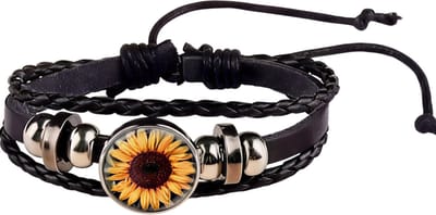 Zwart Zonnebloem Gevlochten Kunstleren Armband – Modieuze Armband met Glazen Drukknoop – Verstelbare Armband voor Dames en Meisjes – Stijlvol Bloemdesign