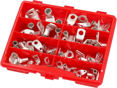 62 stuks Kalitec assortimentsdoos buiskabelschoenen 90° haaks 10-50 mm² I buiskabelschoen 90 graden I ongeïsoleerde perskabelschoenen I ringkabelschoenen I kabelverbinders I krimpverbinders